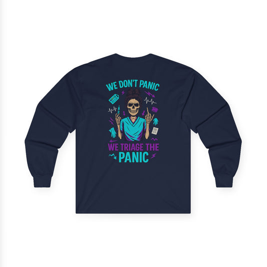 Skull Graphic Long Sleeve Tee - We Don't Panic, Unisex Cotton Top, Casual Wear, Halloween Gift, Trendy Streetwear, Unique Graphic Tee
