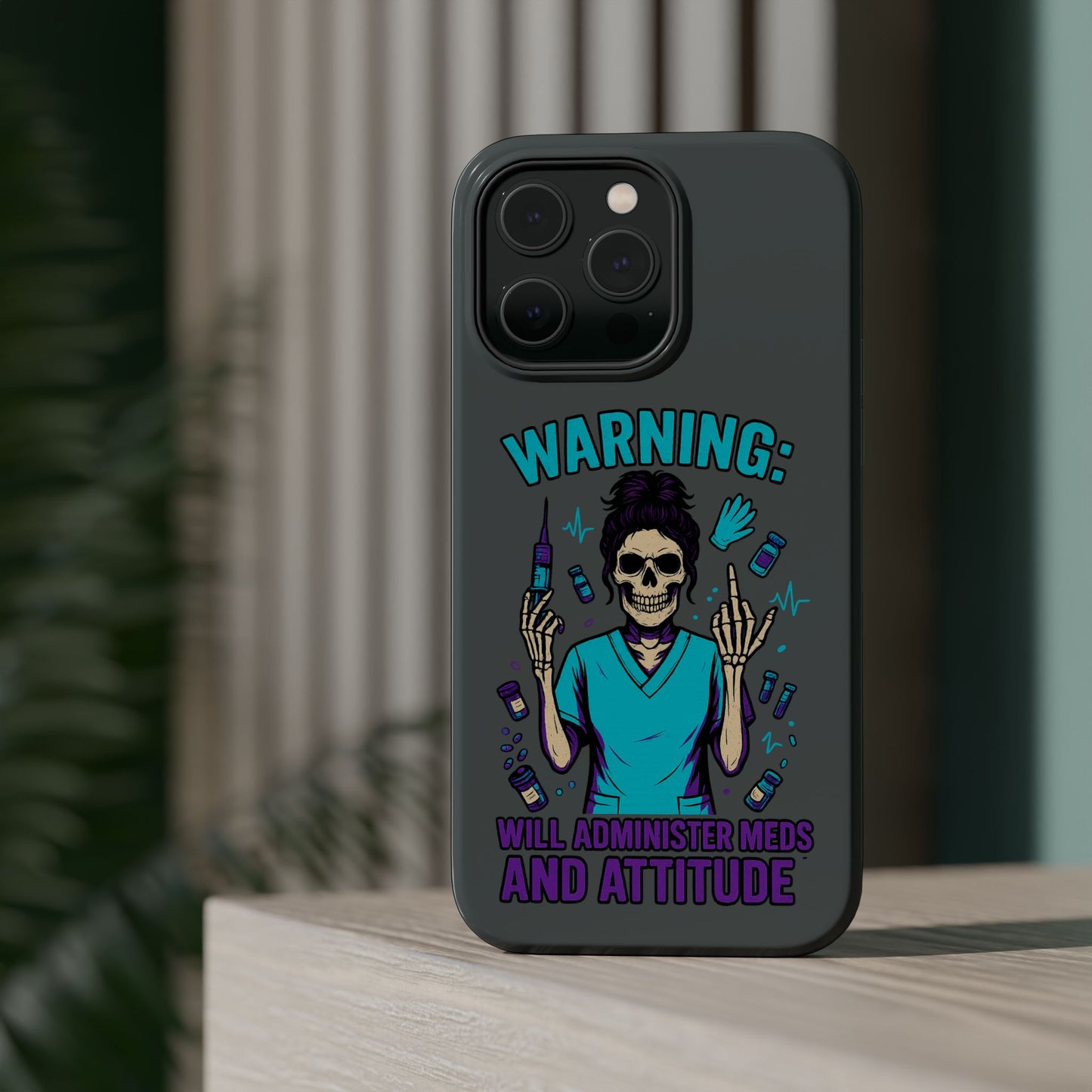 Warning: Meds & Attitude Magnetic Tough Cases | Nurse Gift, Skull Design, Phone Accessory, Healthcare Humor Case, Unique Tech Accessory