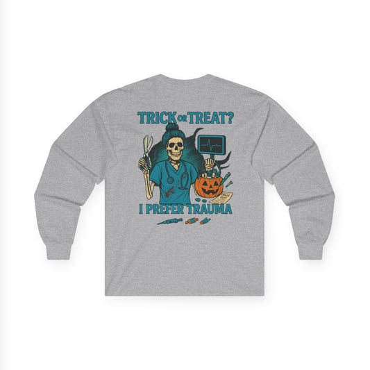 Spooky Humor Long Sleeve Tee - Trick or Treat, Halloween Ghost Shirt, Fall Fashion, Unisex Comfy Tee, Halloween Gift Idea