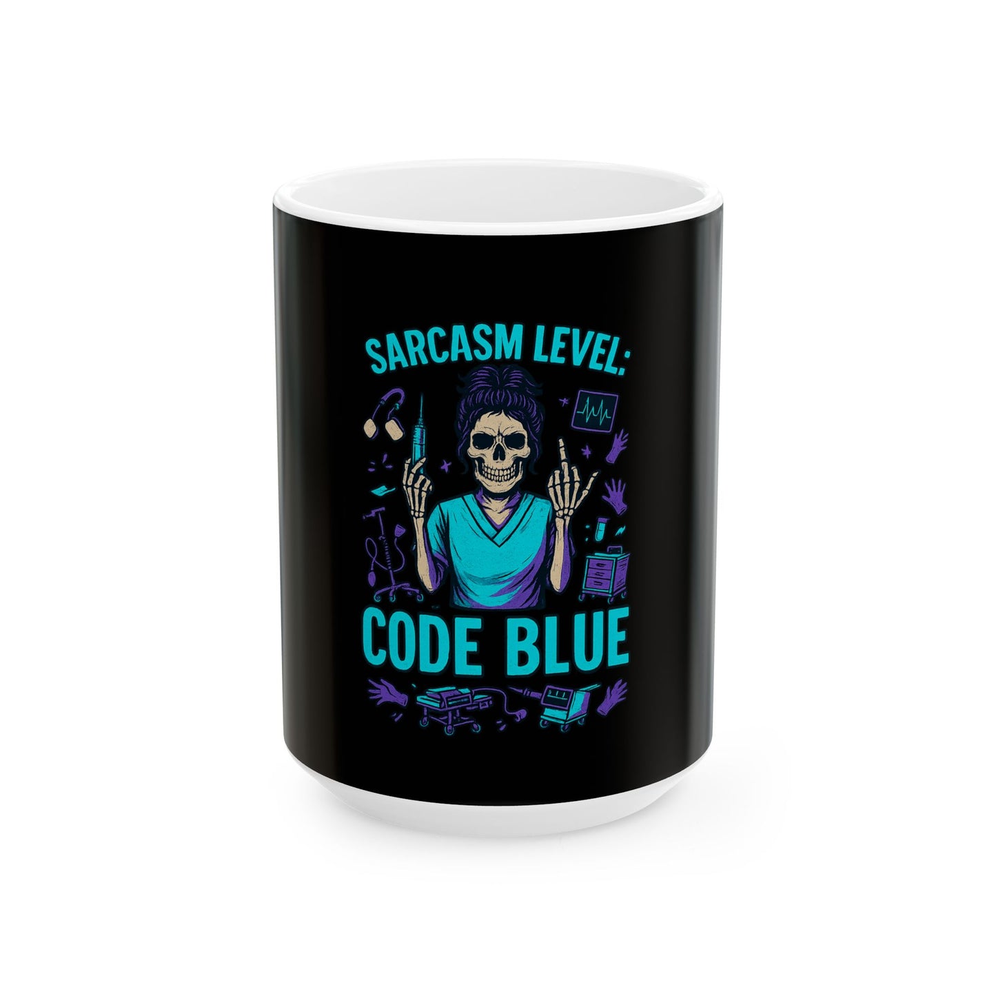 Sarcastic Skeleton Code Blue Ceramic Mug, Funny Coffee Cup, Gift for Nurses, Halloween Mug, Humor for Healthcare Workers