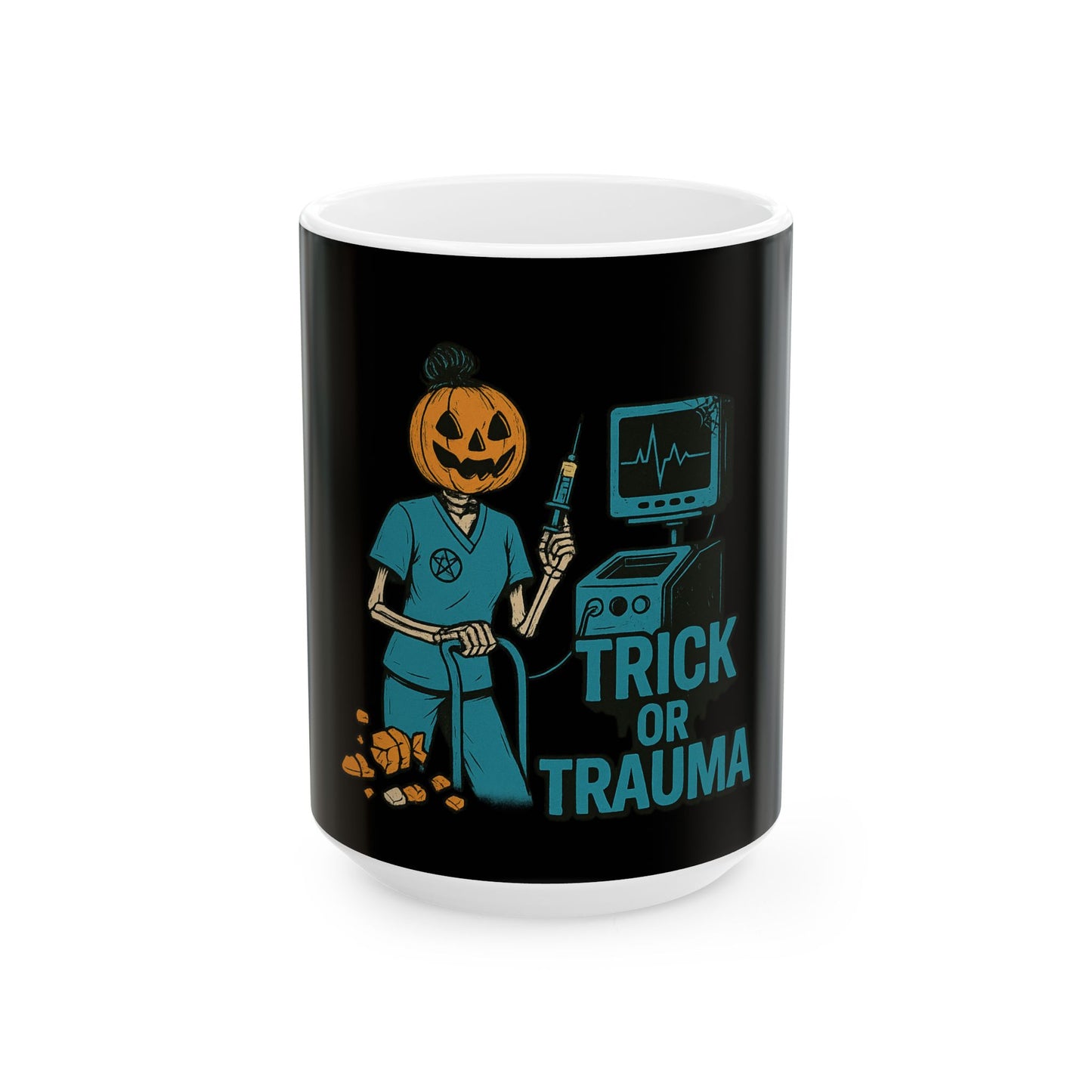 Halloween Themed Ceramic Mug, Trick or Trauma Coffee Cup, Unique Gift for Nurses, Spooky Halloween Decor, Fun Healthcare Mug