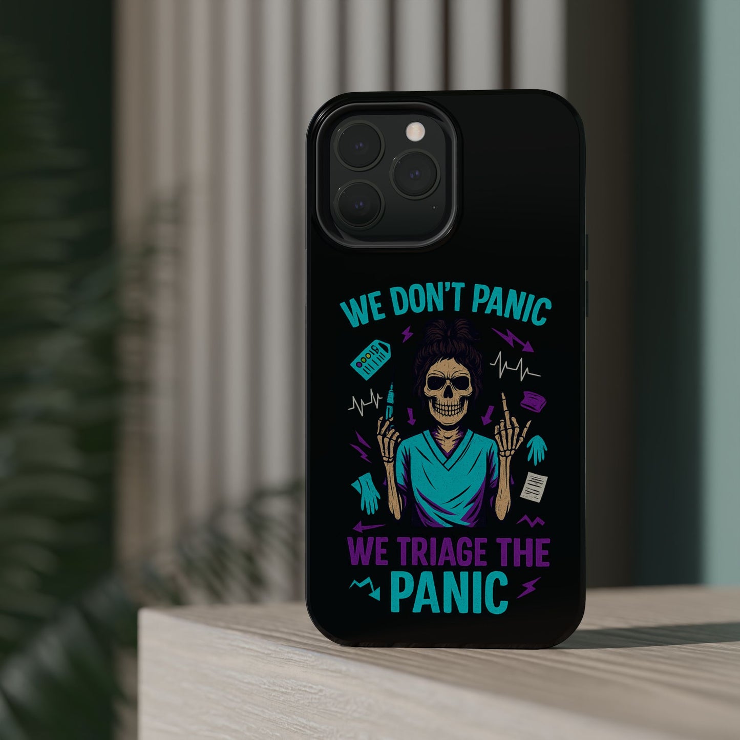 Magnetic Phone Case with Skull Design - We Don't Panic, Perfect for Nurses and Medical Professionals, Halloween Gift, Fun Accessory, [...]