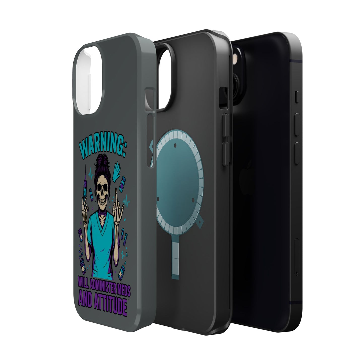 Warning: Meds & Attitude Magnetic Tough Cases | Nurse Gift, Skull Design, Phone Accessory, Healthcare Humor Case, Unique Tech Accessory