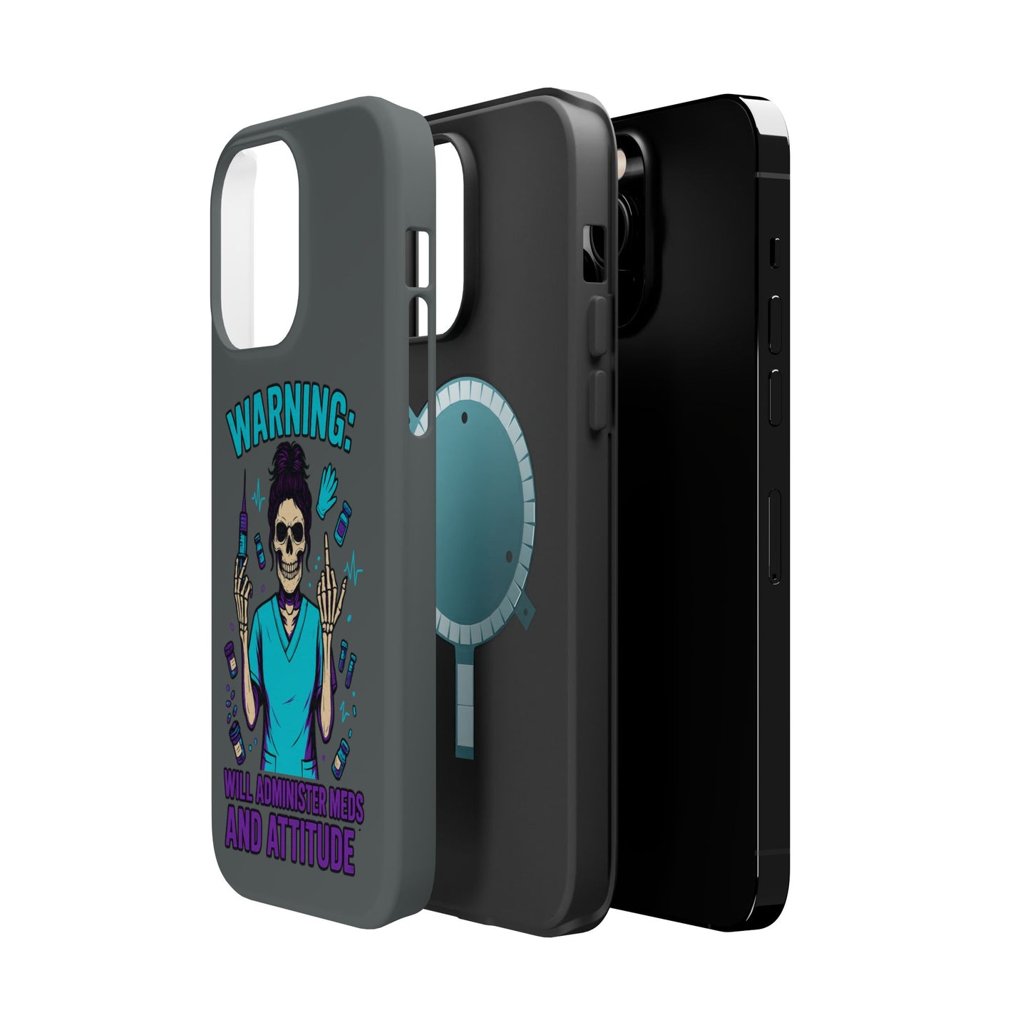 Warning: Meds & Attitude Magnetic Tough Cases | Nurse Gift, Skull Design, Phone Accessory, Healthcare Humor Case, Unique Tech Accessory