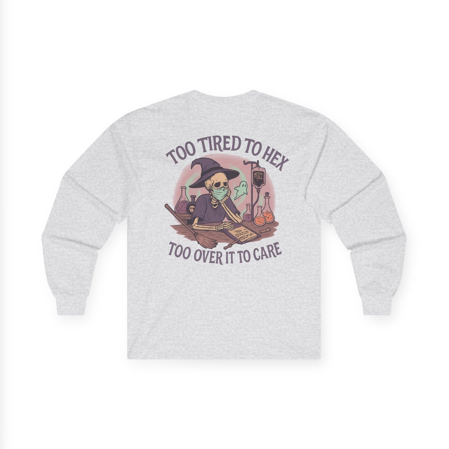 Too Tired to Hex Long Sleeve Tee, Witchy Apparel, Halloween Shirt, Casual Gift, Spooky Season Clothing