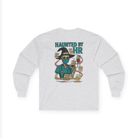 Haunted by HR Long Sleeve Tee, Unisex Cotton Shirt, Funny Office Humor Gift, Halloween Apparel, Work from Home Wear, Employee Appreciation