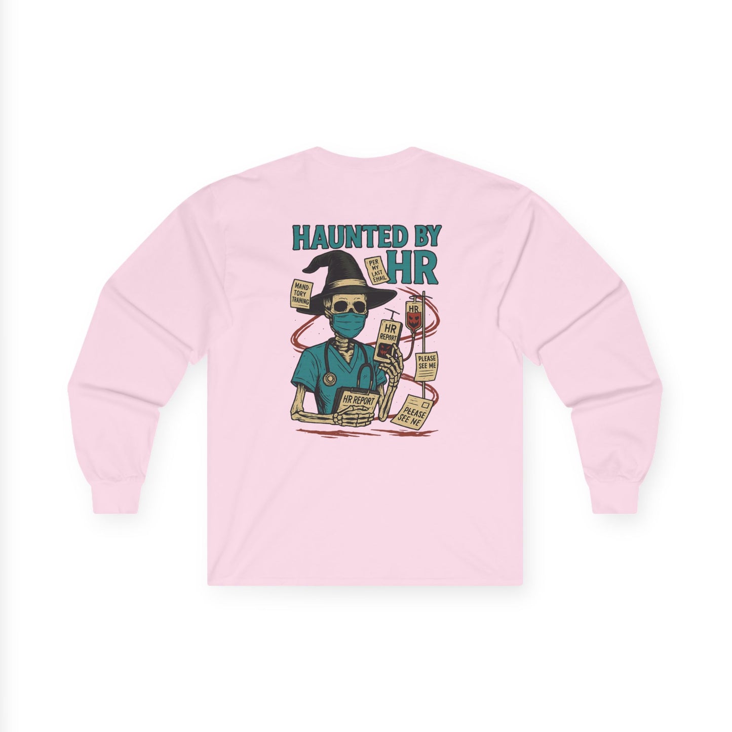 Haunted by HR Long Sleeve Tee, Unisex Cotton Shirt, Funny Office Humor Gift, Halloween Apparel, Work from Home Wear, Employee Appreciation