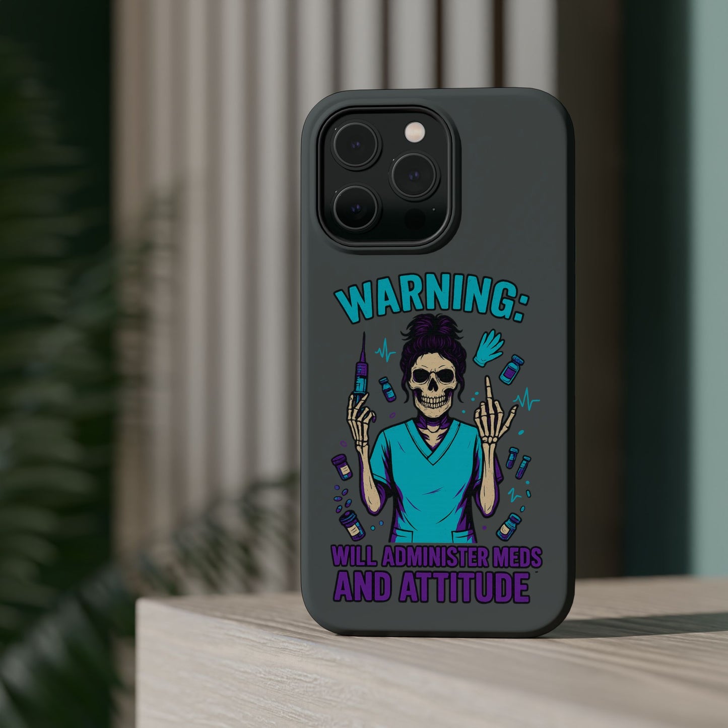 Warning: Meds & Attitude Magnetic Tough Cases | Nurse Gift, Skull Design, Phone Accessory, Healthcare Humor Case, Unique Tech Accessory