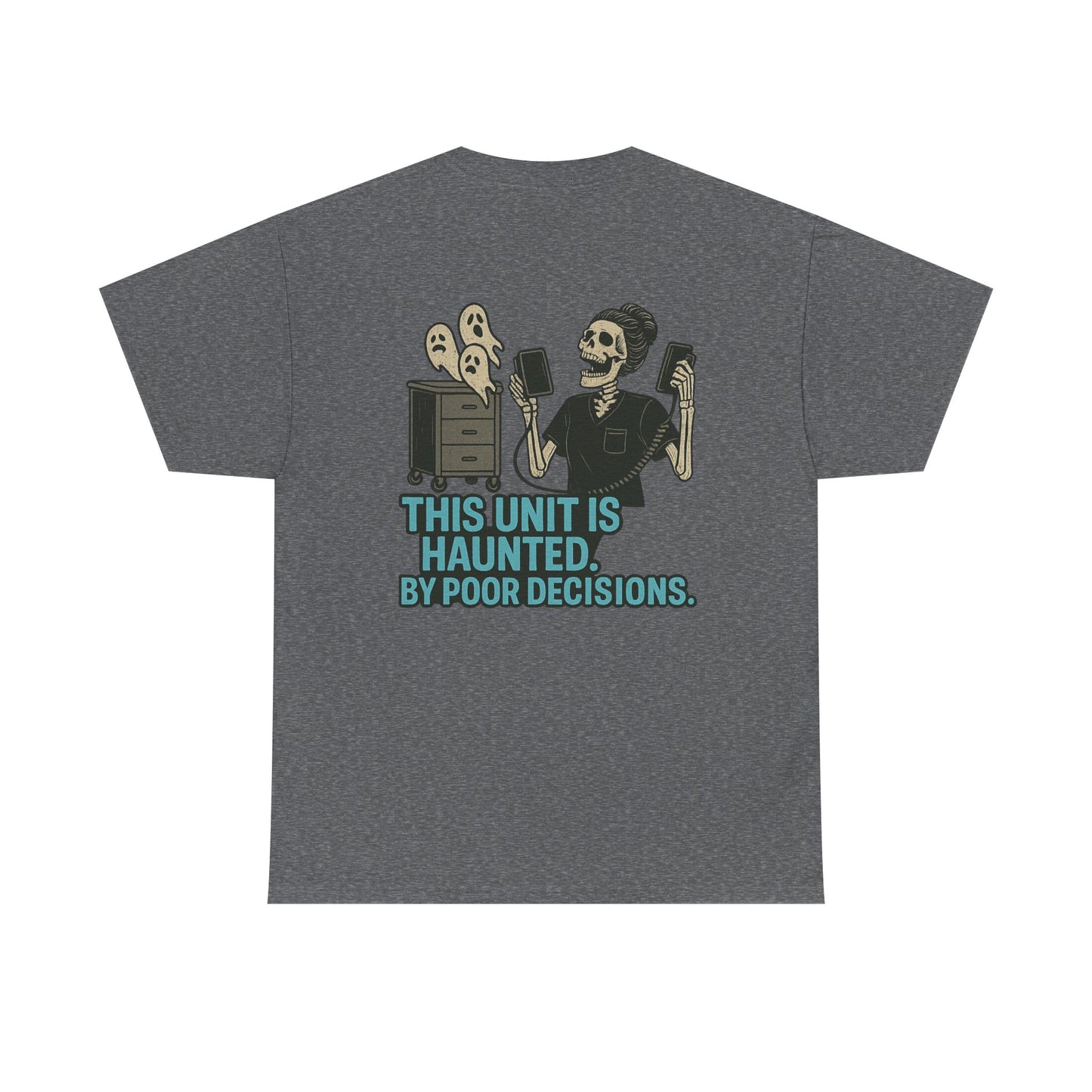 Haunted Poor Decisions Tee – Fun Unisex Heavy Cotton T-Shirt, Halloween Gift, Graphic Tee for Parties, Casual Wear, Spooky Humor