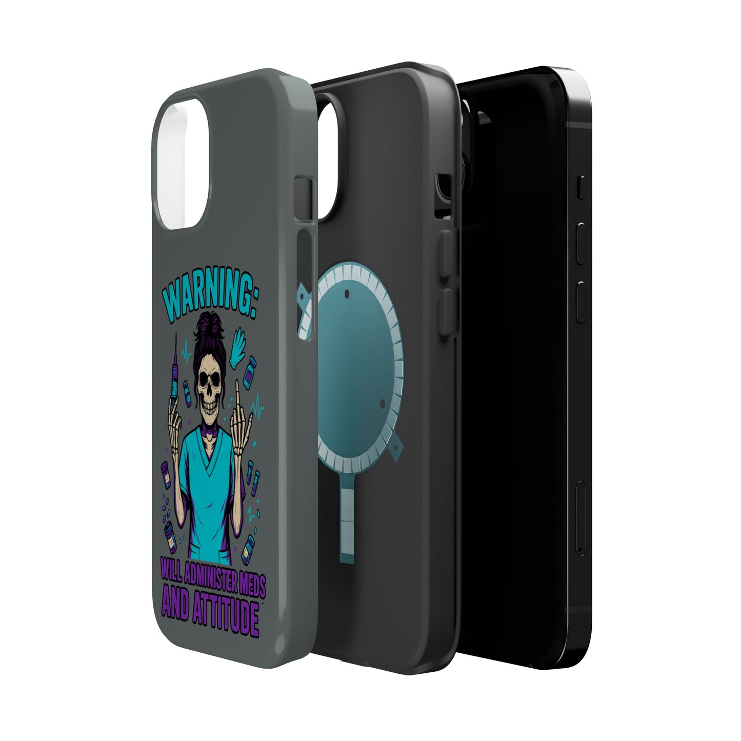 Warning: Meds & Attitude Magnetic Tough Cases | Nurse Gift, Skull Design, Phone Accessory, Healthcare Humor Case, Unique Tech Accessory