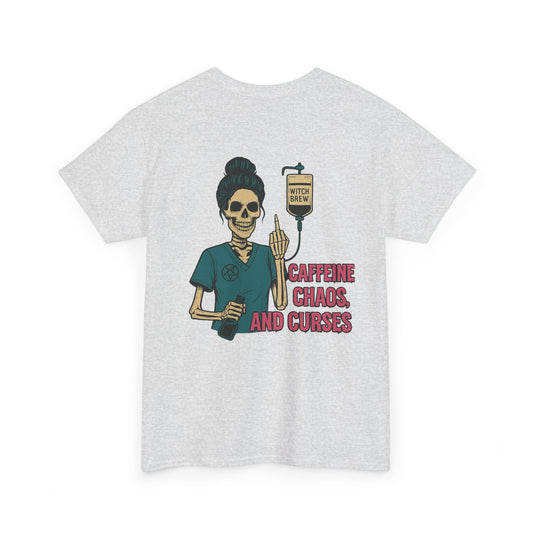 Witchy Caffeine Chaos Tee | Unisex Heavy Cotton Shirt for Halloween, Casual Wear, Gift for Her, Spooky Season, Witchy Vibes