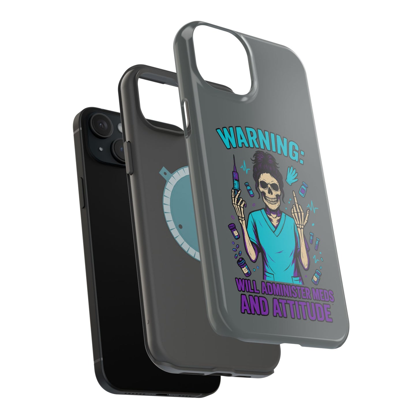 Warning: Meds & Attitude Magnetic Tough Cases | Nurse Gift, Skull Design, Phone Accessory, Healthcare Humor Case, Unique Tech Accessory