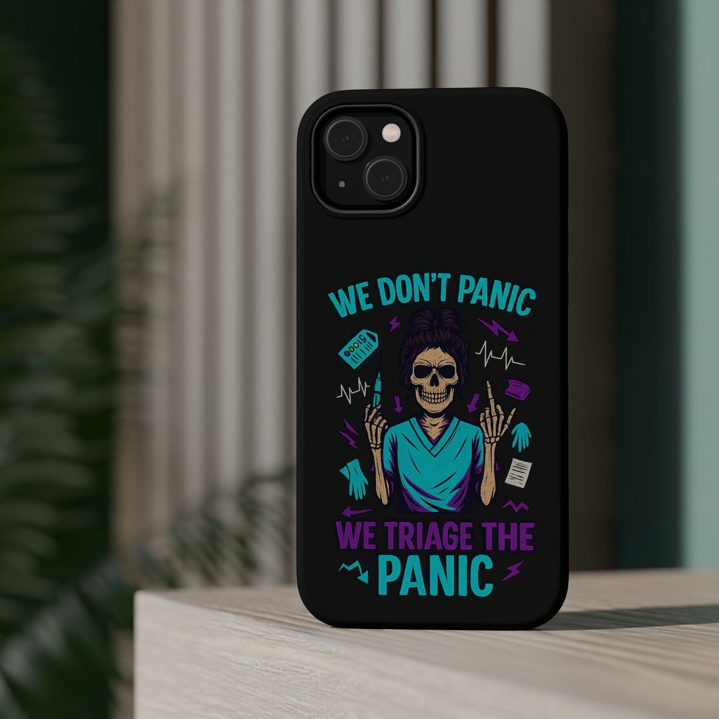 Magnetic Phone Case with Skull Design - We Don't Panic, Perfect for Nurses and Medical Professionals, Halloween Gift, Fun Accessory, [...]