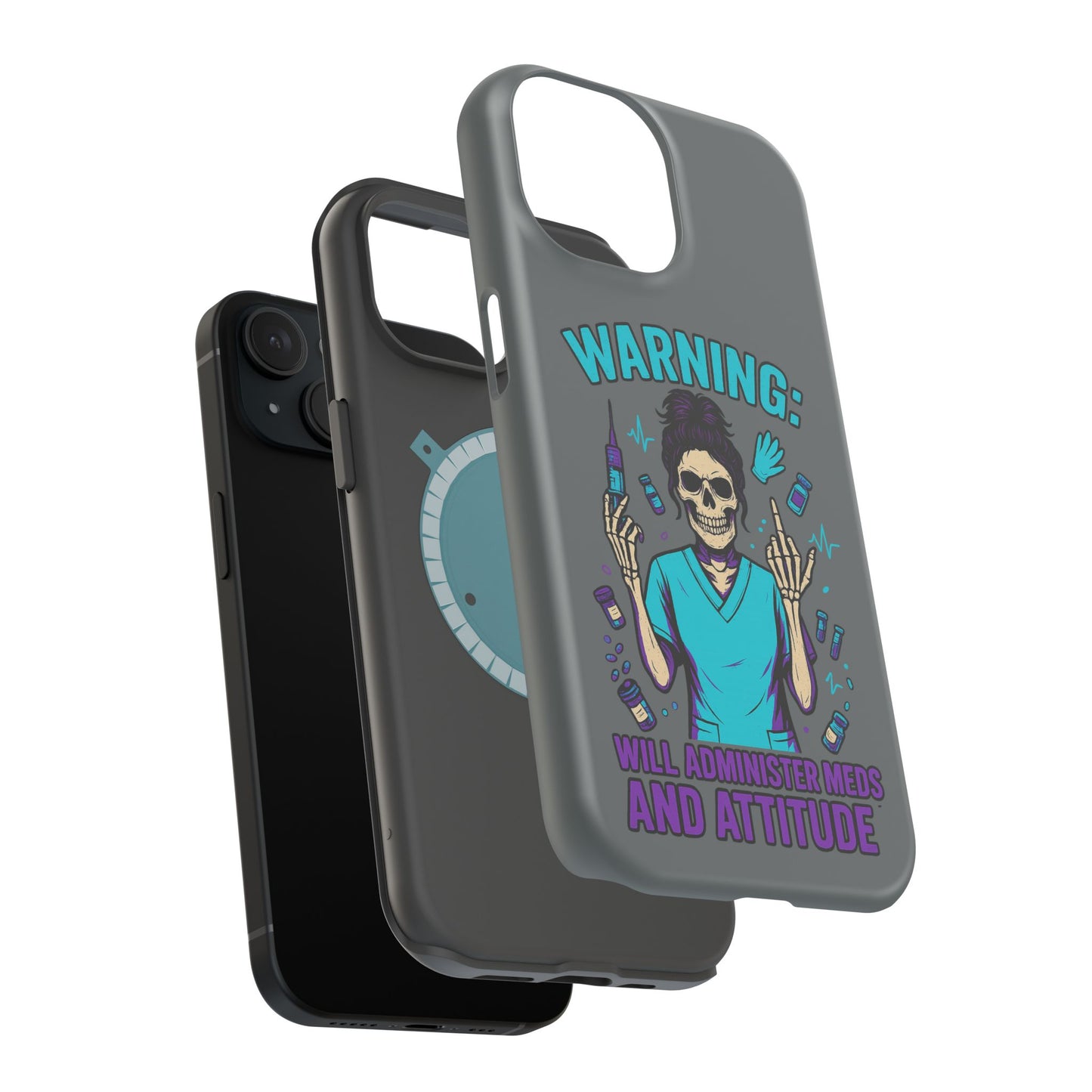 Warning: Meds & Attitude Magnetic Tough Cases | Nurse Gift, Skull Design, Phone Accessory, Healthcare Humor Case, Unique Tech Accessory
