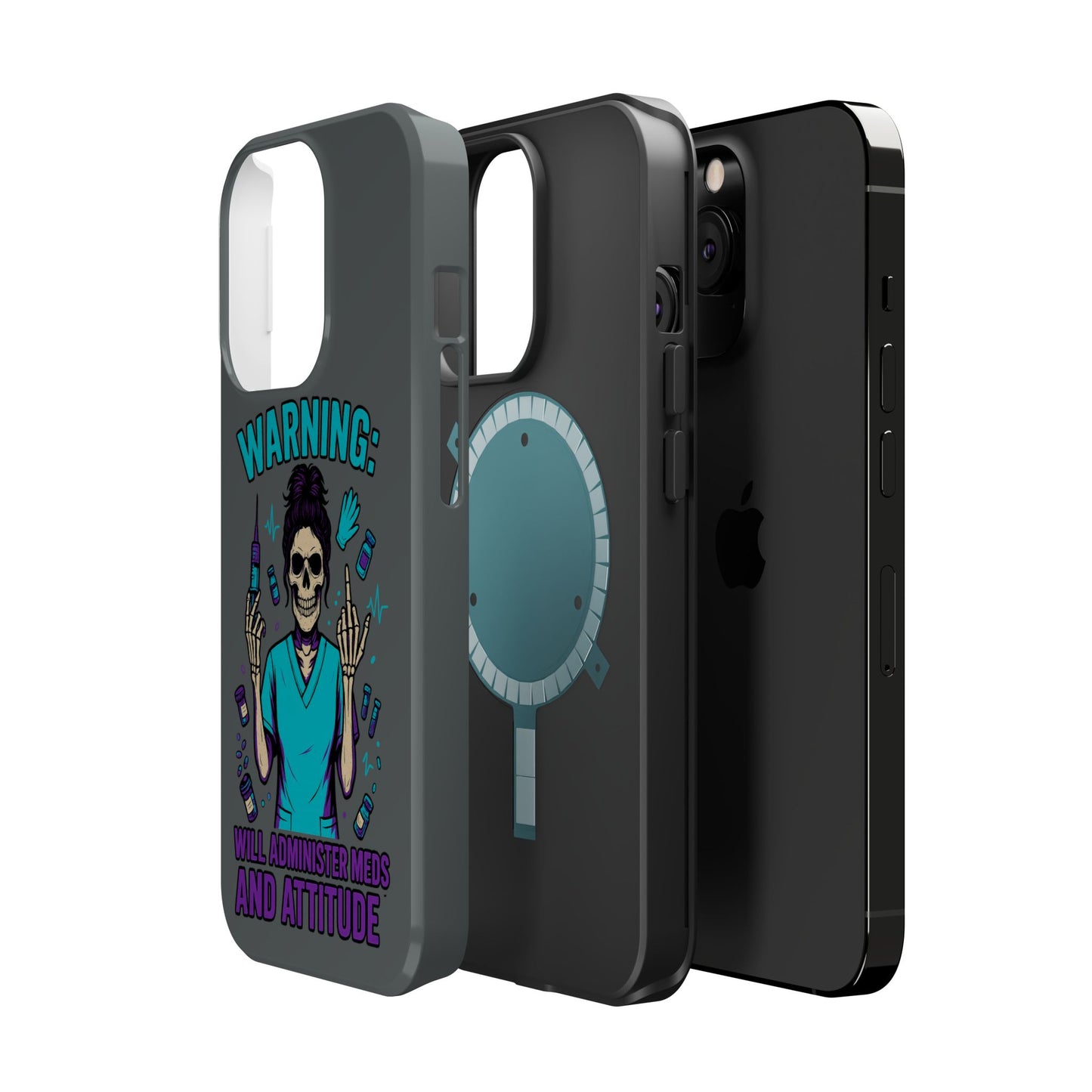 Warning: Meds & Attitude Magnetic Tough Cases | Nurse Gift, Skull Design, Phone Accessory, Healthcare Humor Case, Unique Tech Accessory