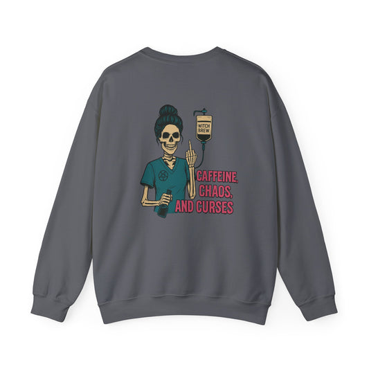 Caffeine Chaos & Curses Sweatshirt - Unisex Crewneck, Halloween Apparel, Nurse Gift, Cozy Wear, Unique Graphic Sweatshirt
