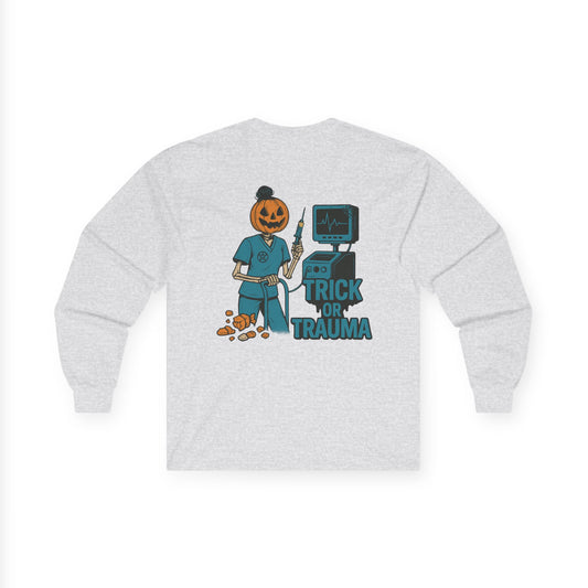 Halloween Trick or Trauma Long Sleeve Tee, Comfortable Unisex Tee, Fall Fashion Tee, Spooky Season Shirt, October Shirt