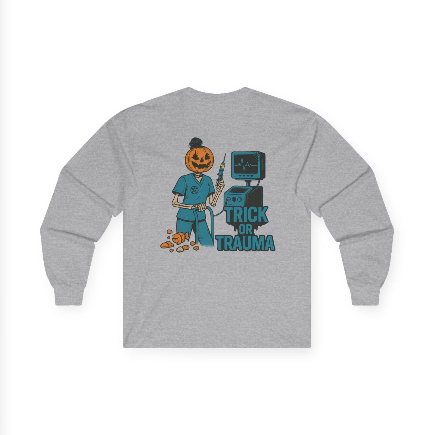 Halloween Trick or Trauma Long Sleeve Tee, Comfortable Unisex Tee, Fall Fashion Tee, Spooky Season Shirt, October Shirt