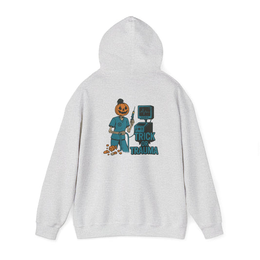 Halloween Trick or Trauma Unisex Hoodie, Perfect for Fall, Cozy Sweatshirt for Halloween Parties, Costume, Gift Idea, Spooky Season Apparel