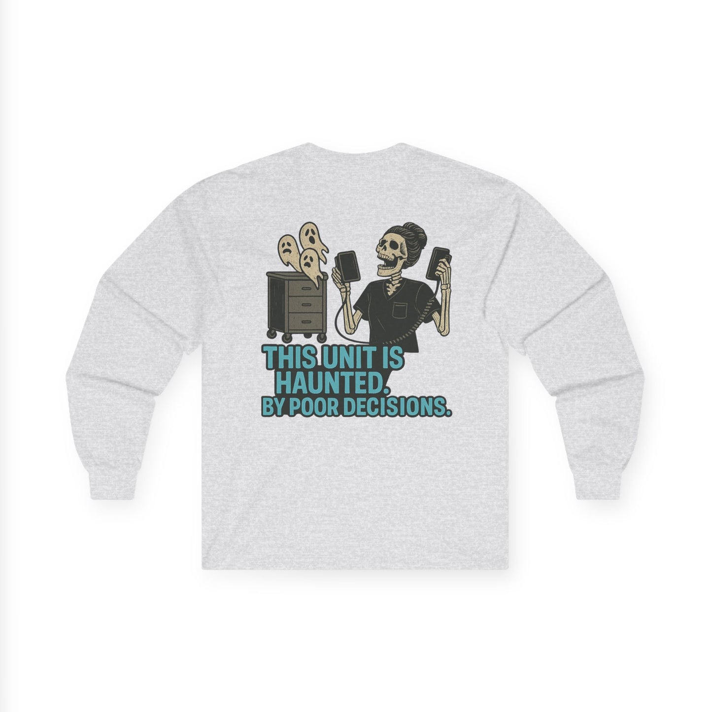 Haunted Decisions Long Sleeve Tee, Unisex Halloween Tee, Funny Long Sleeve Shirt, Gift for Ghost Lovers, Spooky Season Wear
