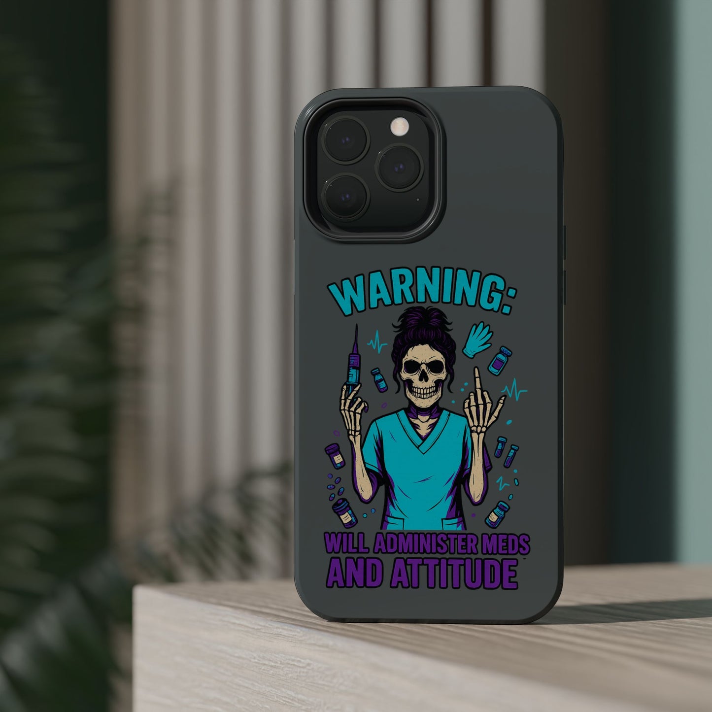 Warning: Meds & Attitude Magnetic Tough Cases | Nurse Gift, Skull Design, Phone Accessory, Healthcare Humor Case, Unique Tech Accessory