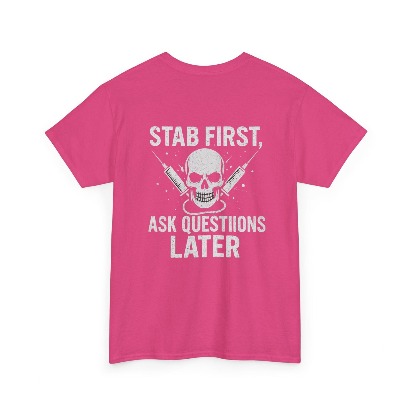 Funny Stab First Unisex Heavy Cotton Tee, Graphic Tee for Friends, Cool Gift for Birthdays, Casual Wear, Holiday Humor Apparel