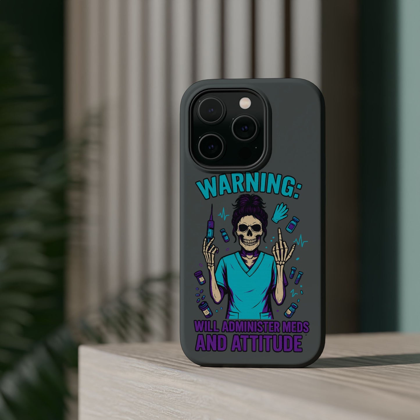 Warning: Meds & Attitude Magnetic Tough Cases | Nurse Gift, Skull Design, Phone Accessory, Healthcare Humor Case, Unique Tech Accessory