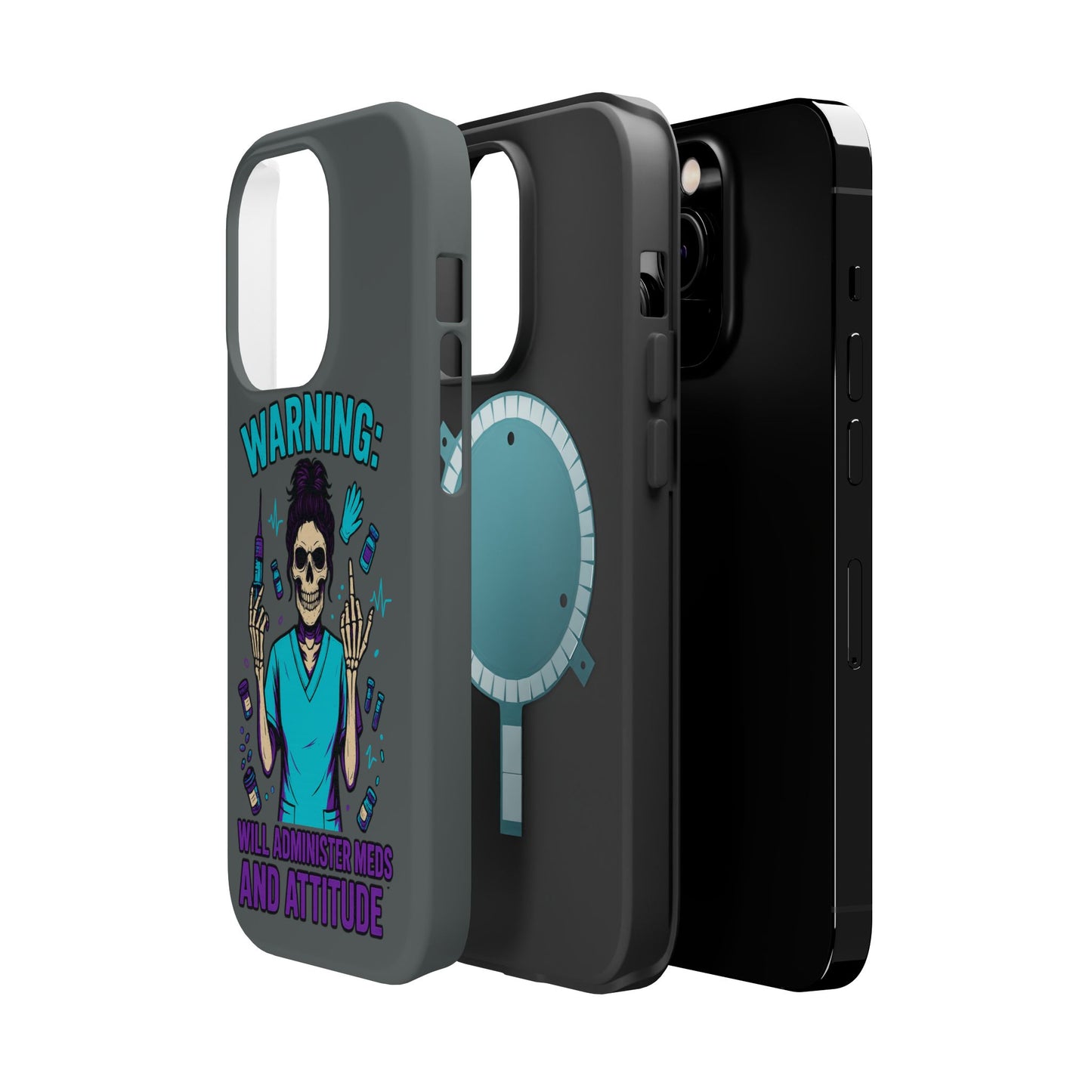 Warning: Meds & Attitude Magnetic Tough Cases | Nurse Gift, Skull Design, Phone Accessory, Healthcare Humor Case, Unique Tech Accessory