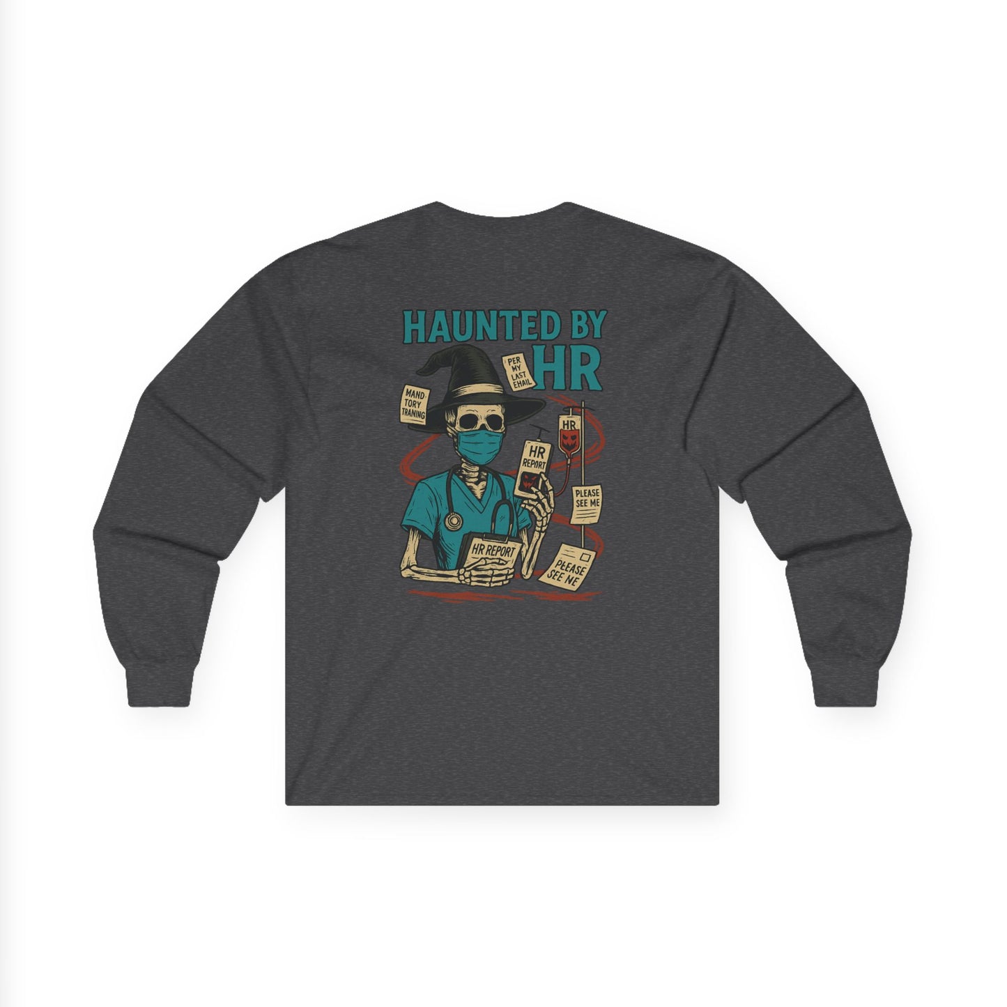 Haunted by HR Long Sleeve Tee, Unisex Cotton Shirt, Funny Office Humor Gift, Halloween Apparel, Work from Home Wear, Employee Appreciation