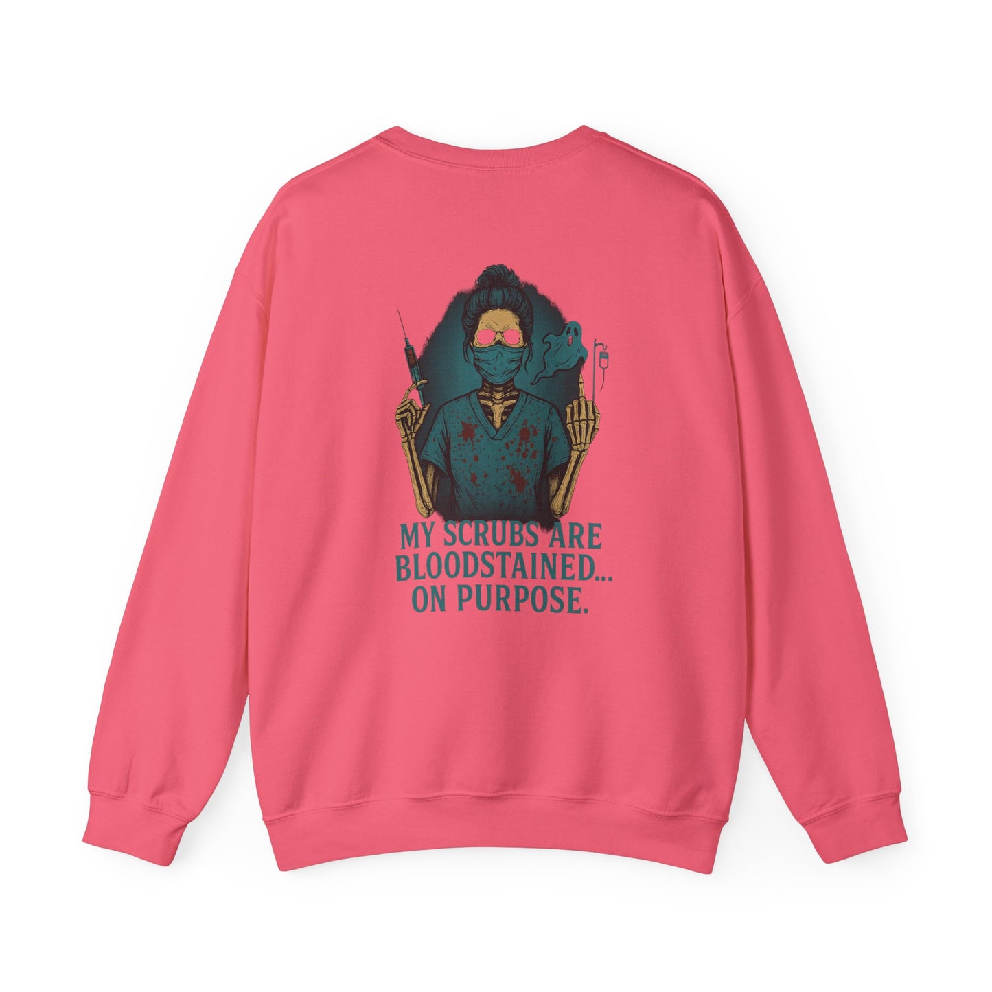 Bloodstained Scrubs Humor Crewneck Sweatshirt, Funny Medical Apparel, Nurse Gift, Halloween Costume, Medical Profession Sweatshirt