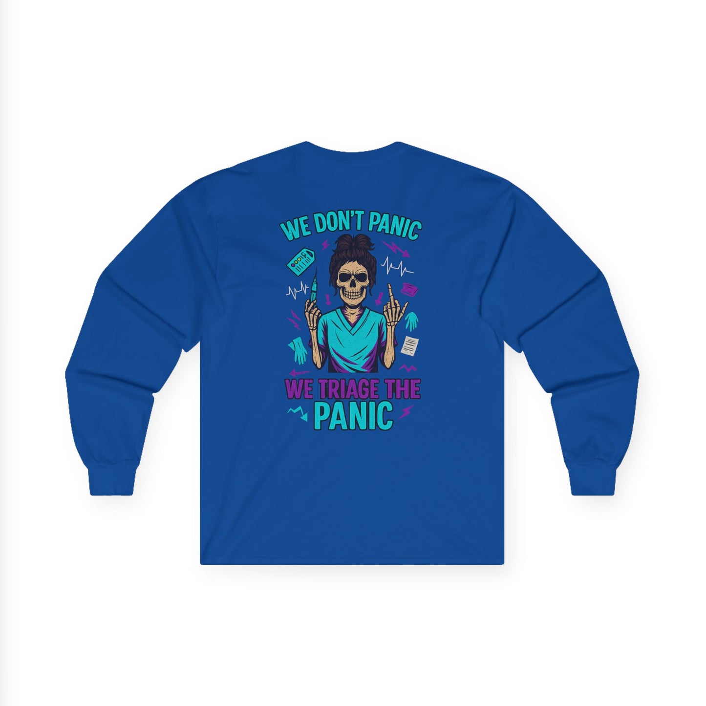 Skull Graphic Long Sleeve Tee - We Don't Panic, Unisex Cotton Top, Casual Wear, Halloween Gift, Trendy Streetwear, Unique Graphic Tee