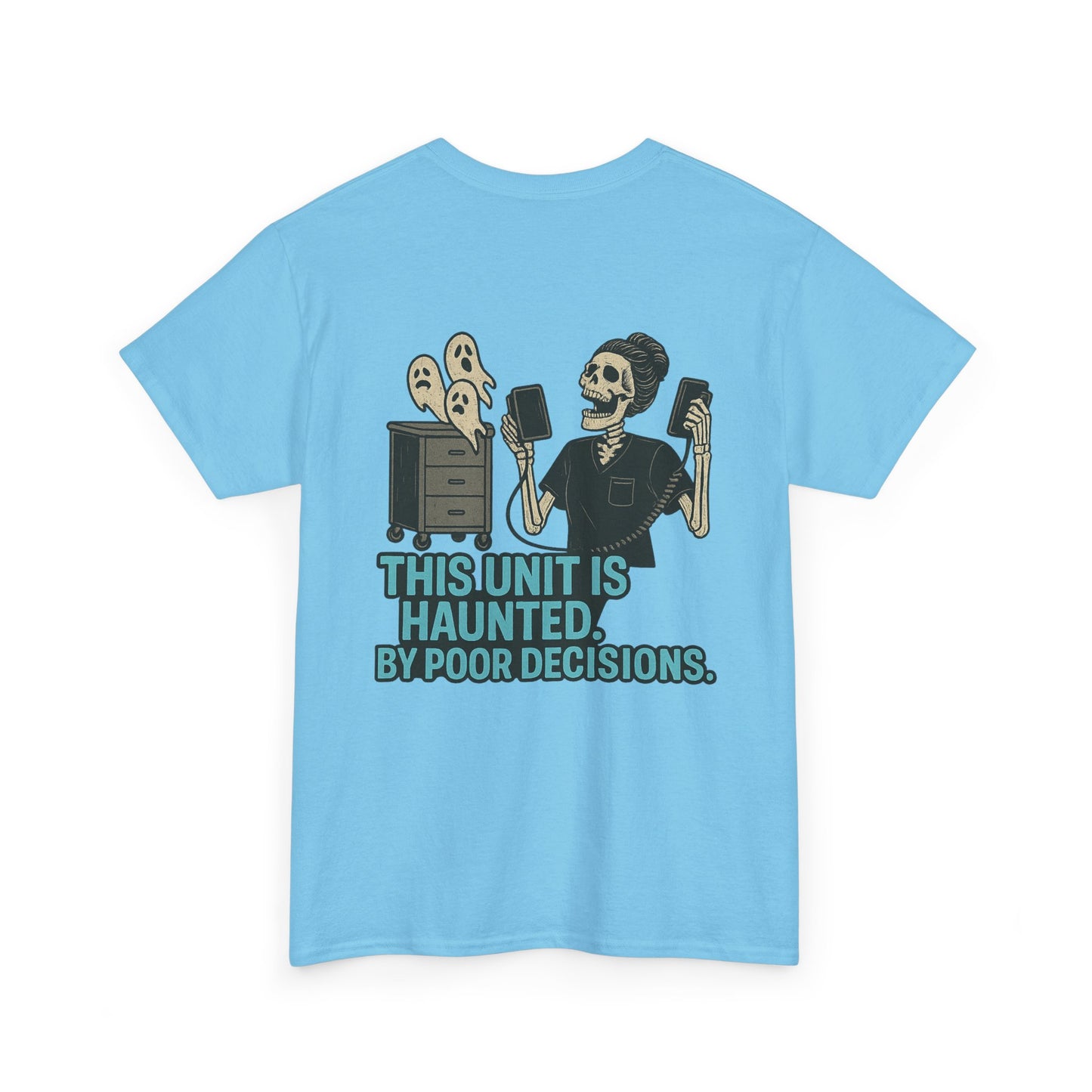 Haunted Poor Decisions Tee – Fun Unisex Heavy Cotton T-Shirt, Halloween Gift, Graphic Tee for Parties, Casual Wear, Spooky Humor