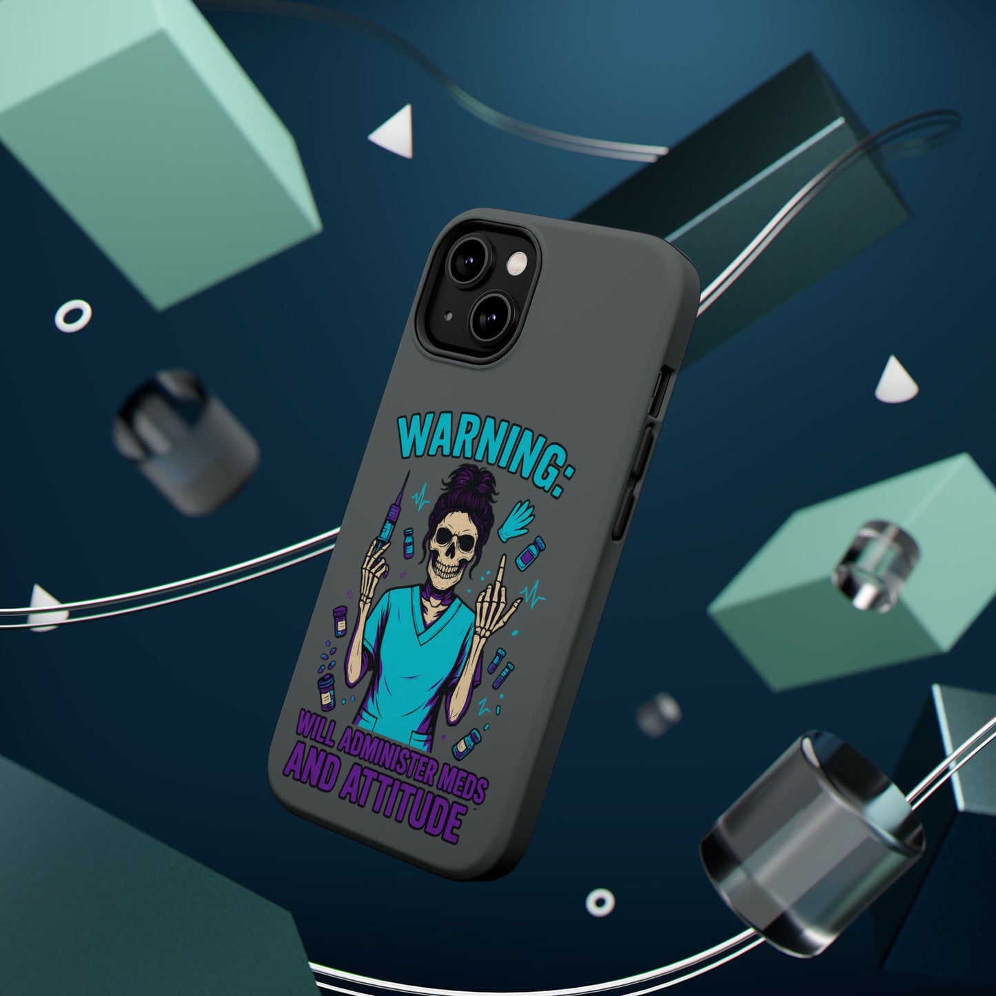 Warning: Meds & Attitude Magnetic Tough Cases | Nurse Gift, Skull Design, Phone Accessory, Healthcare Humor Case, Unique Tech Accessory