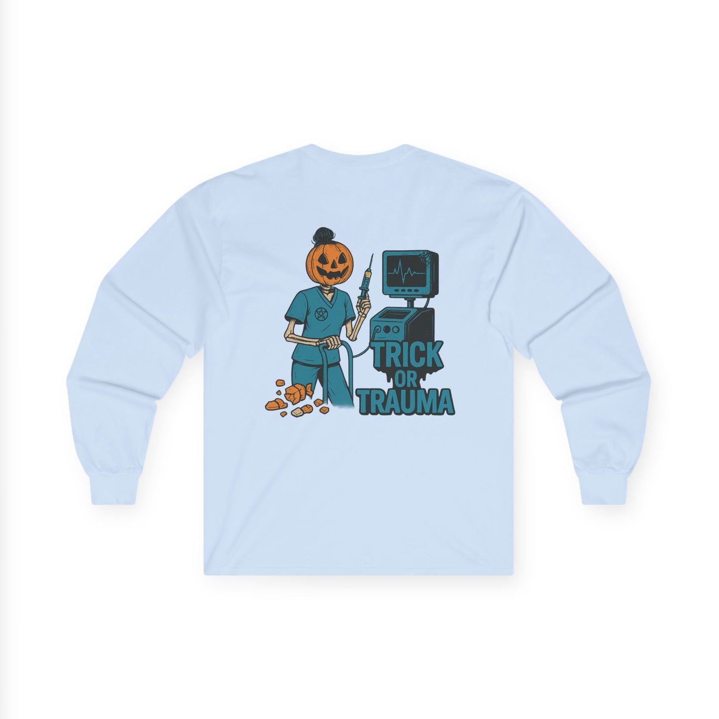 Halloween Trick or Trauma Long Sleeve Tee, Comfortable Unisex Tee, Fall Fashion Tee, Spooky Season Shirt, October Shirt