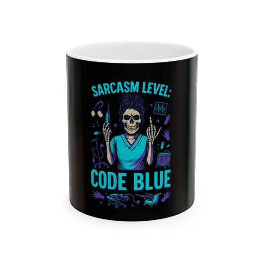 Sarcastic Skeleton Code Blue Ceramic Mug, Funny Coffee Cup, Gift for Nurses, Halloween Mug, Humor for Healthcare Workers