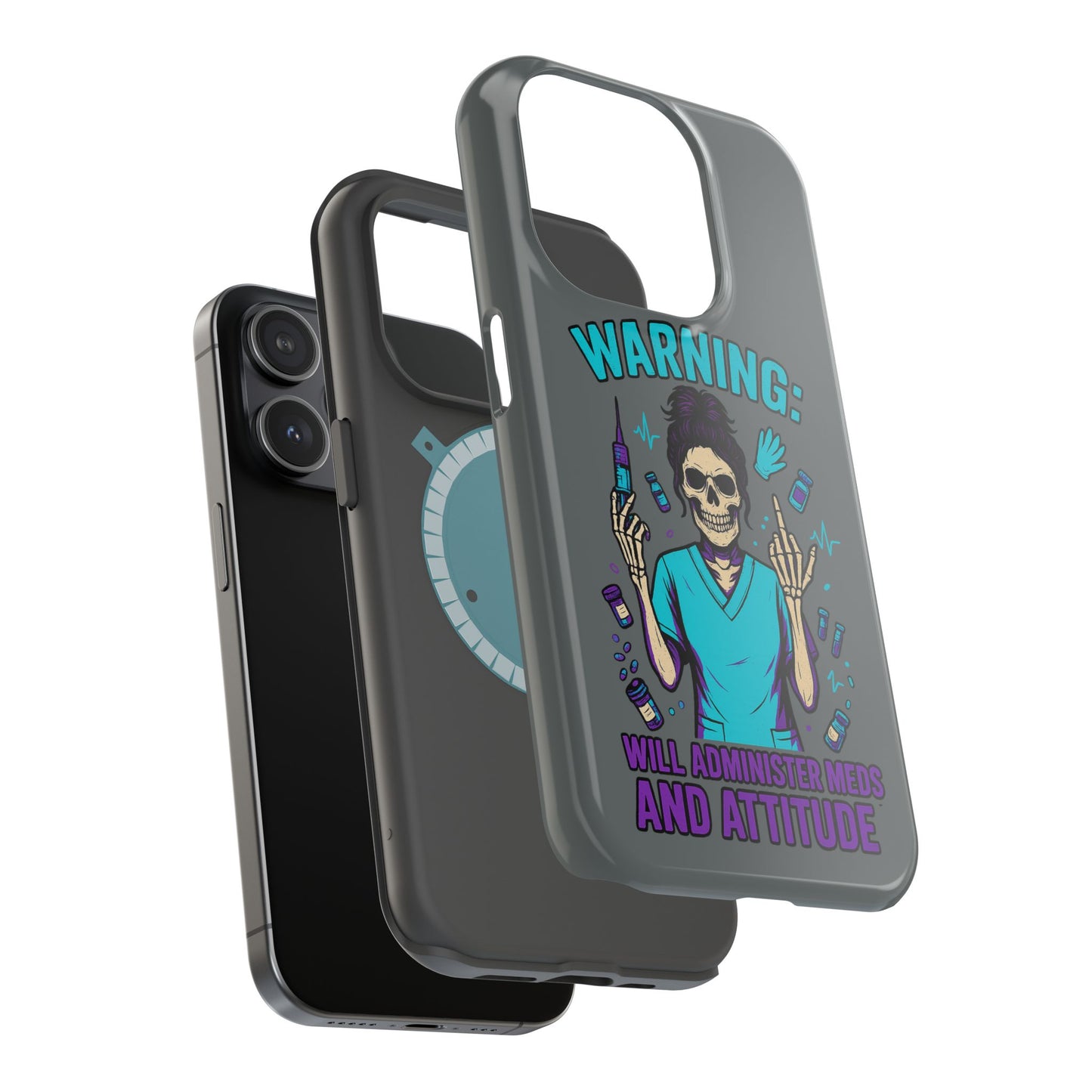 Warning: Meds & Attitude Magnetic Tough Cases | Nurse Gift, Skull Design, Phone Accessory, Healthcare Humor Case, Unique Tech Accessory
