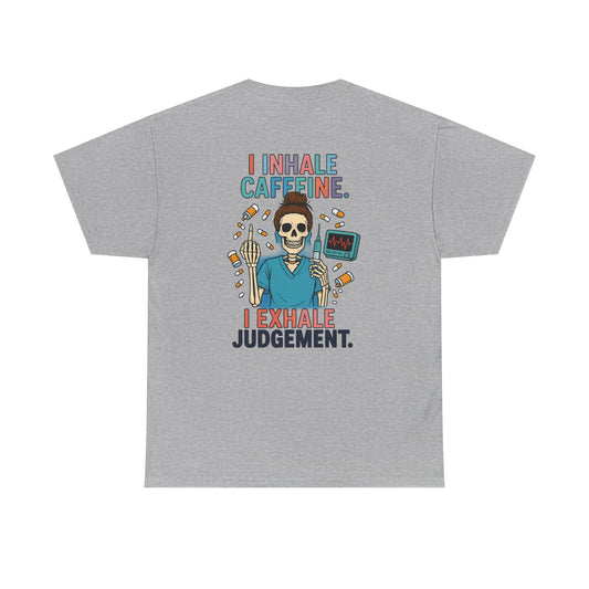 Funny Skeleton Caffeine Tee, Unisex Graphic T-Shirt, Quirky Gift for Coffee Lovers, Halloween Apparel, Casual Humor Shirt