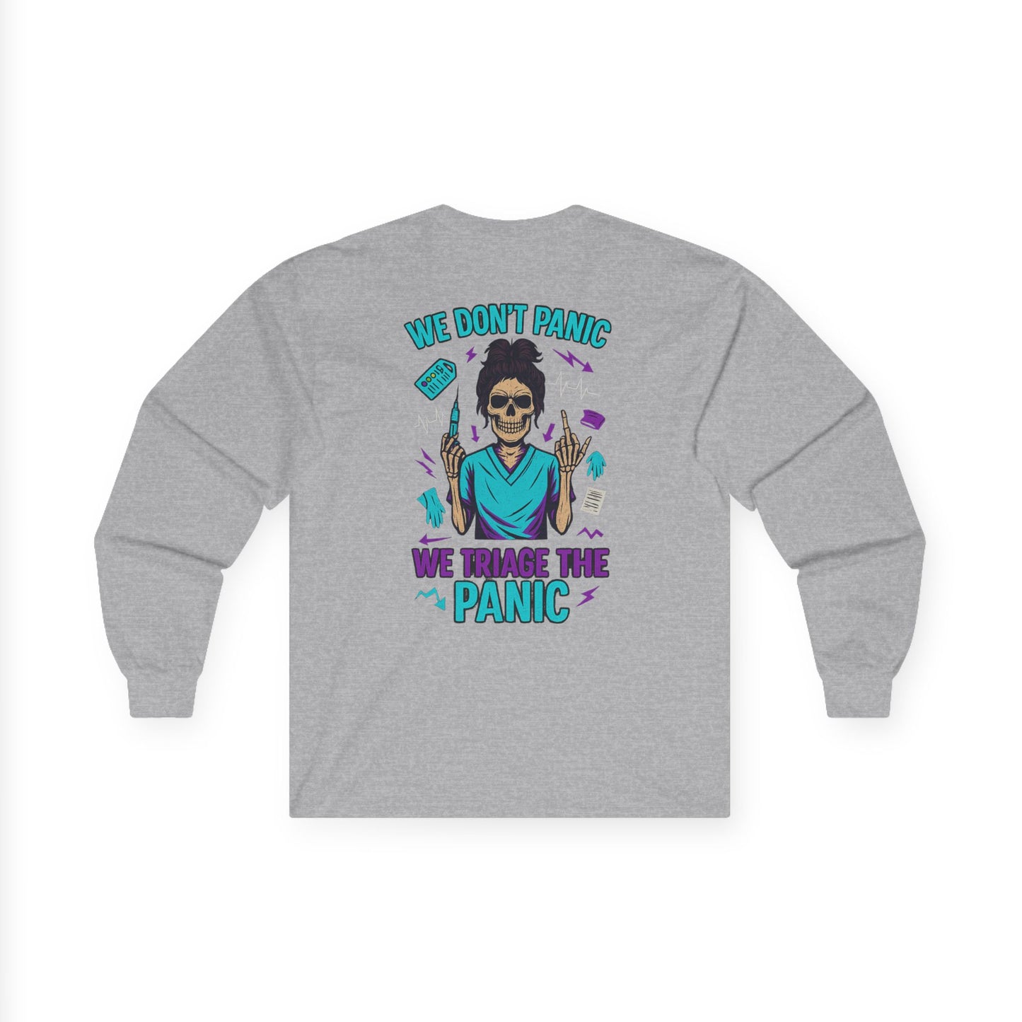 Skull Graphic Long Sleeve Tee - We Don't Panic, Unisex Cotton Top, Casual Wear, Halloween Gift, Trendy Streetwear, Unique Graphic Tee
