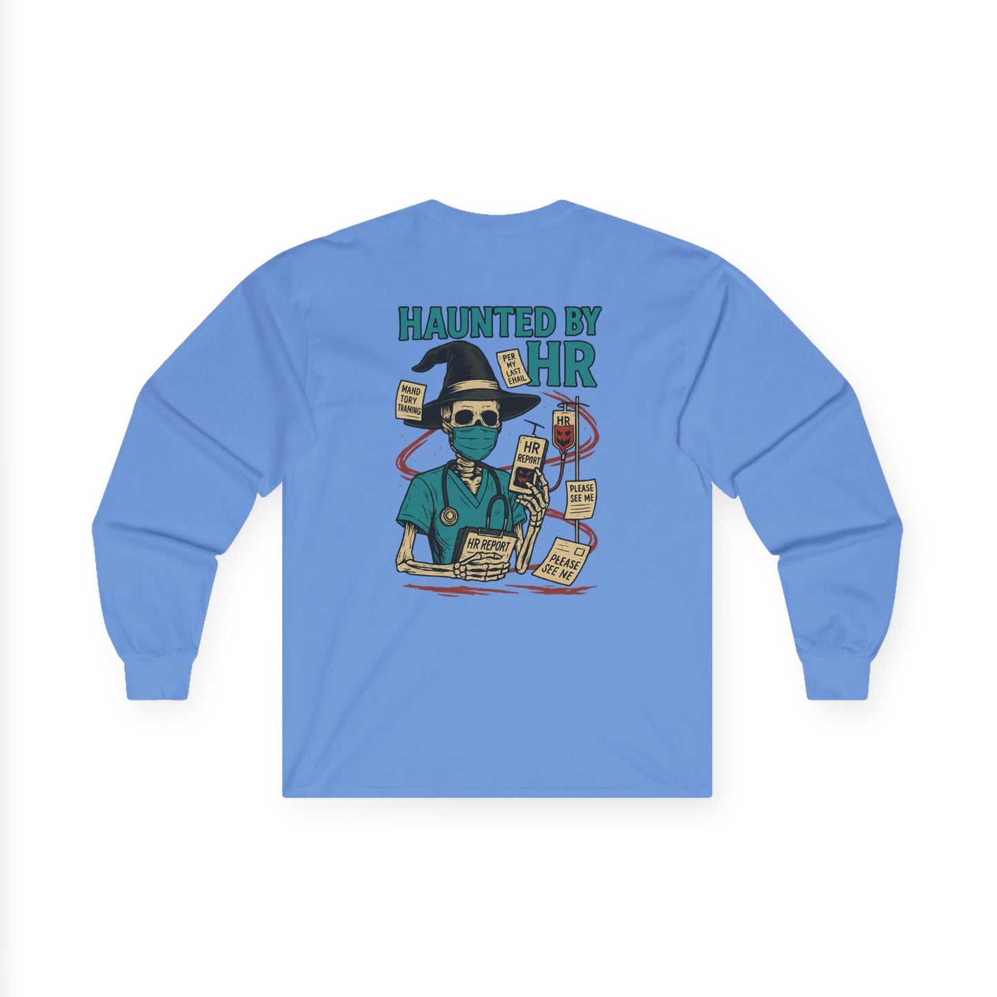 Haunted by HR Long Sleeve Tee, Unisex Cotton Shirt, Funny Office Humor Gift, Halloween Apparel, Work from Home Wear, Employee Appreciation